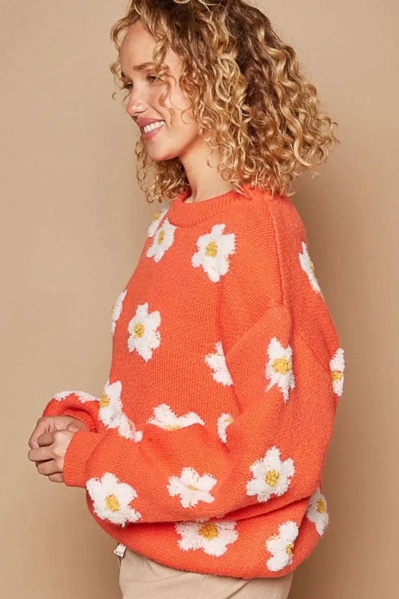 POL Daisy Pattern Drop Shoulder Sweater - Love Salve
